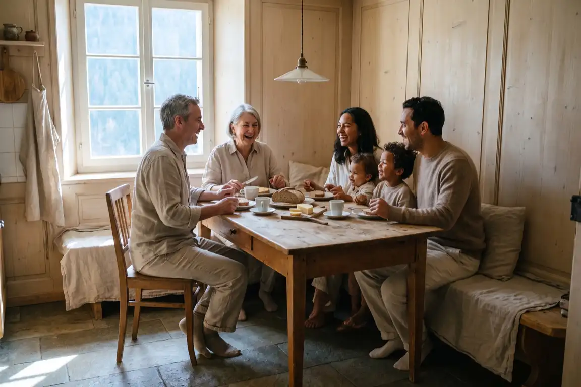 Portrait de famille chaleureux, trois générations autour d’une table de cuisine