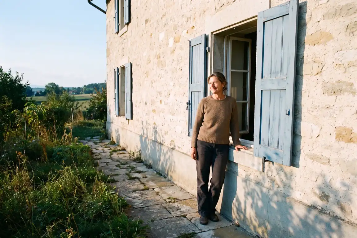 Eigentümerin öffnet die Fensterläden ihres Hauses im Gros-de-Vaud