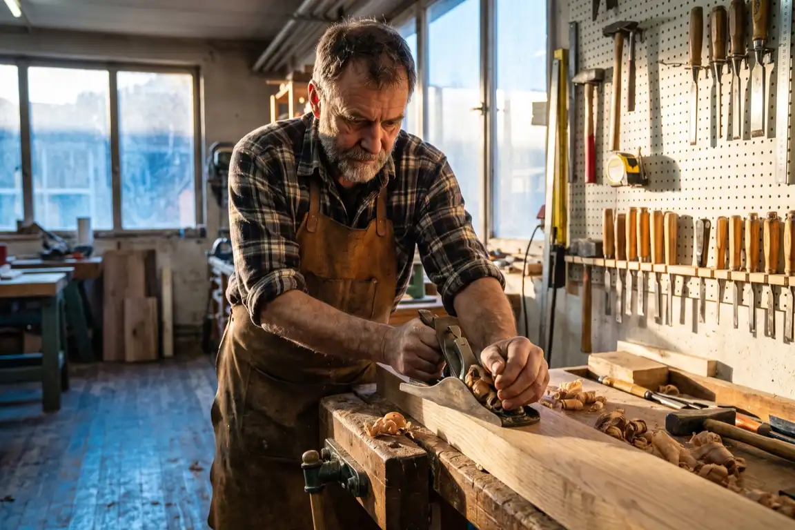 Menuisier au travail dans son atelier, lumière de fin de journée