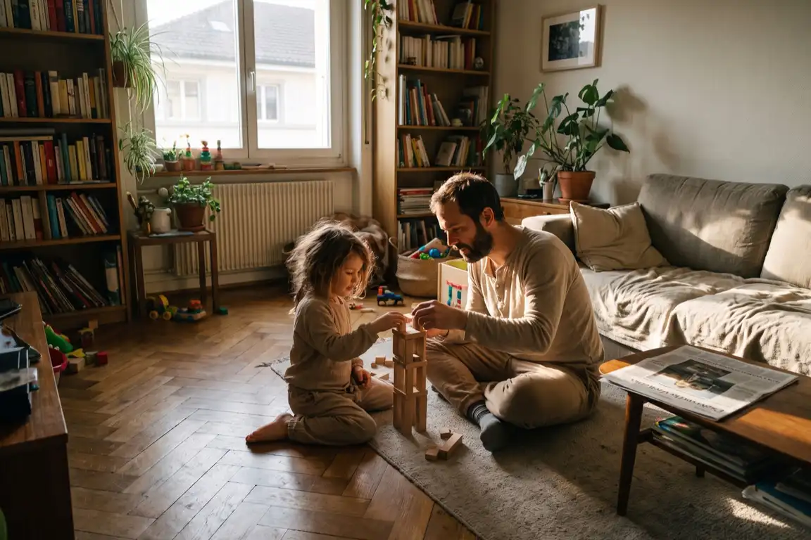 Vater und Tochter spielen auf dem Parkett ihres Wohnzimmers