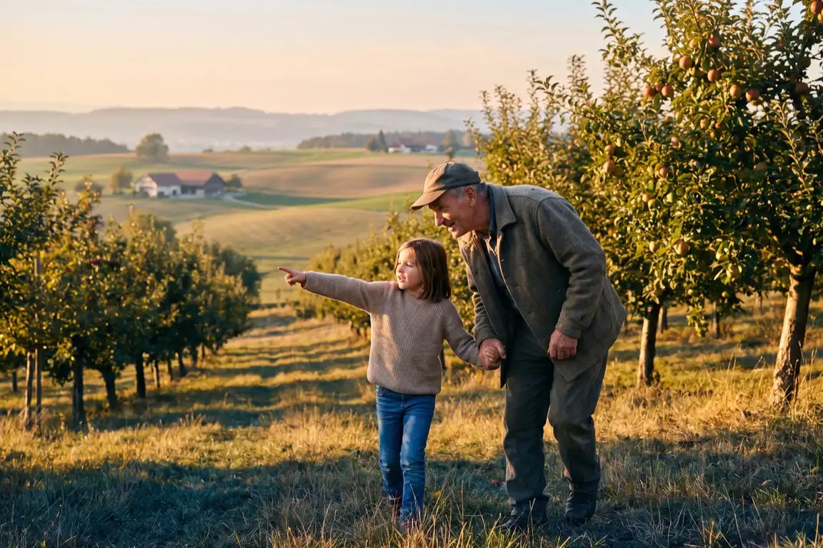 Grand-père et petite-fille main dans la main dans un verger